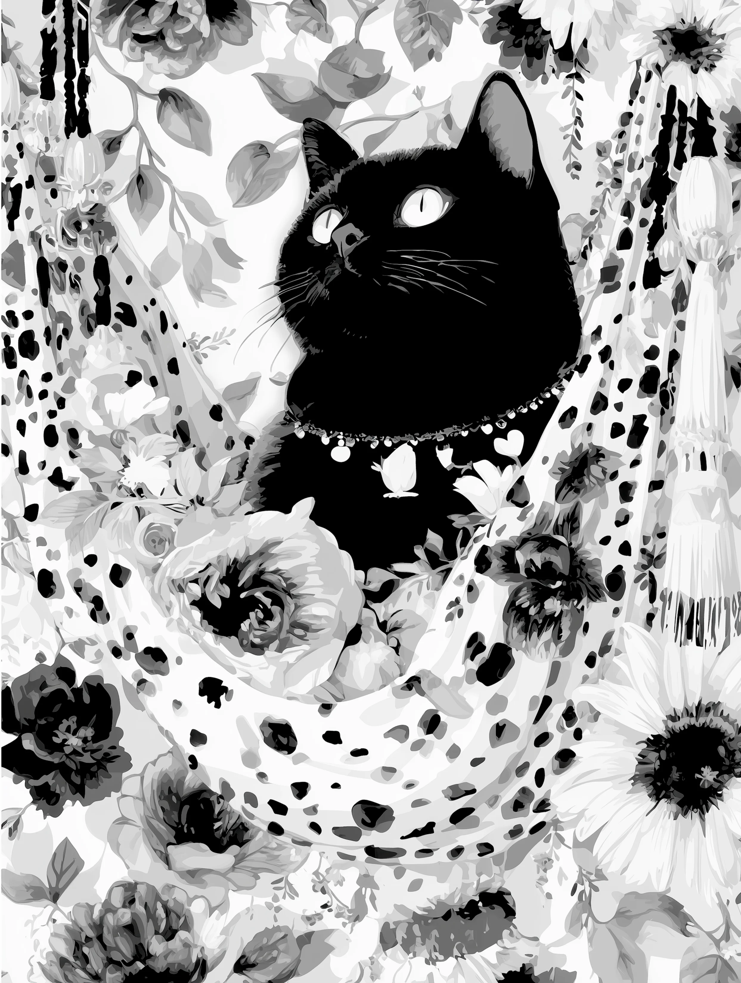 Free printable black cat coloring page for adults featuring a coloring page of a black cat in a hammock